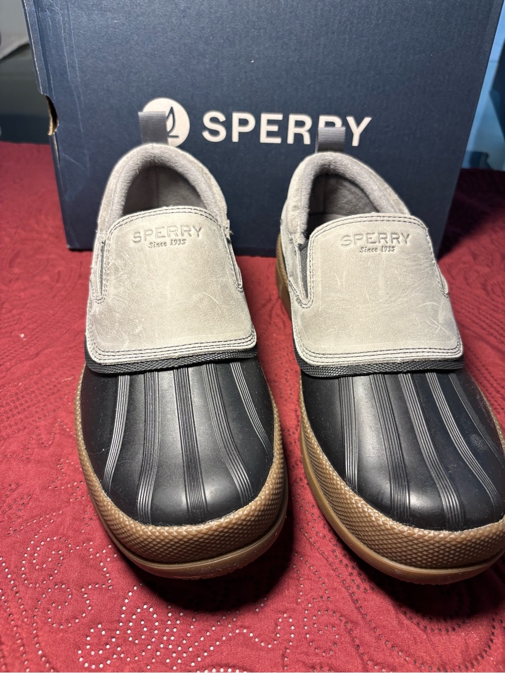 Sperry Gray Slip-On Duck Boat Shoes with Black Rubber Toe and Brown Midsole
